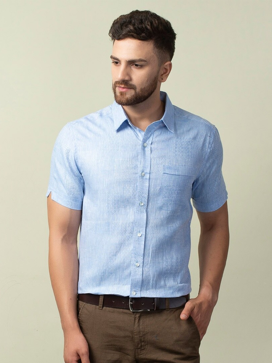 

Fabindia Men Self Design Linen Regular Fit Casual Shirt, Blue