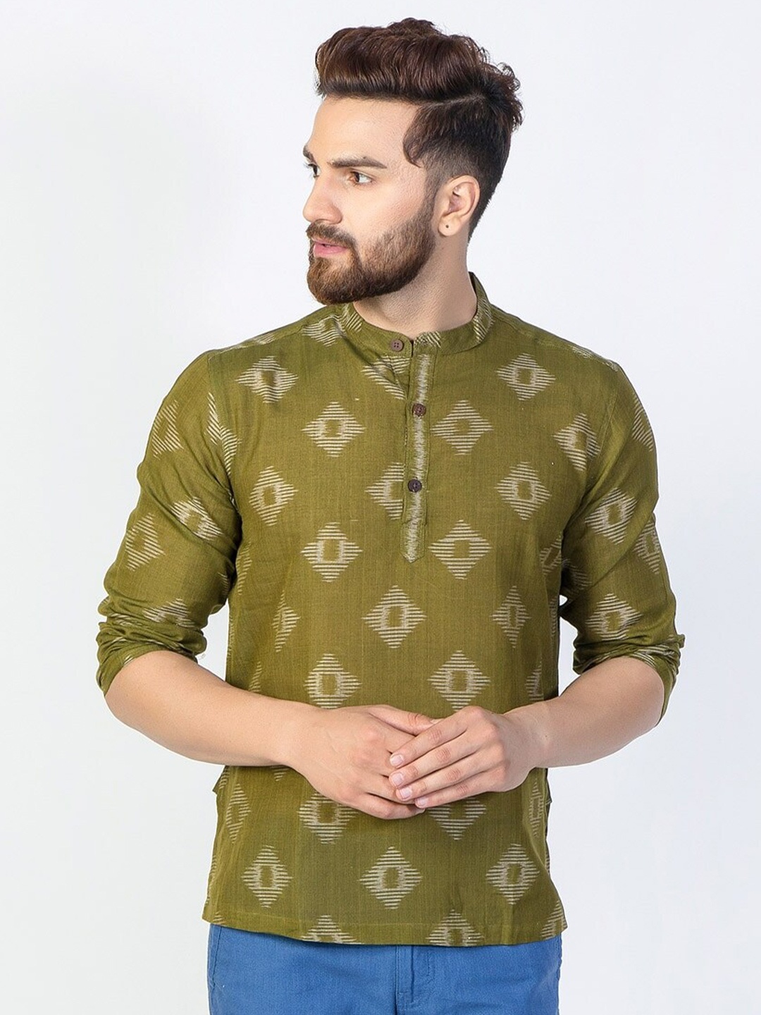 

Fabindia Men Comfort Geometric Printed Cotton Casual Shirt, Green