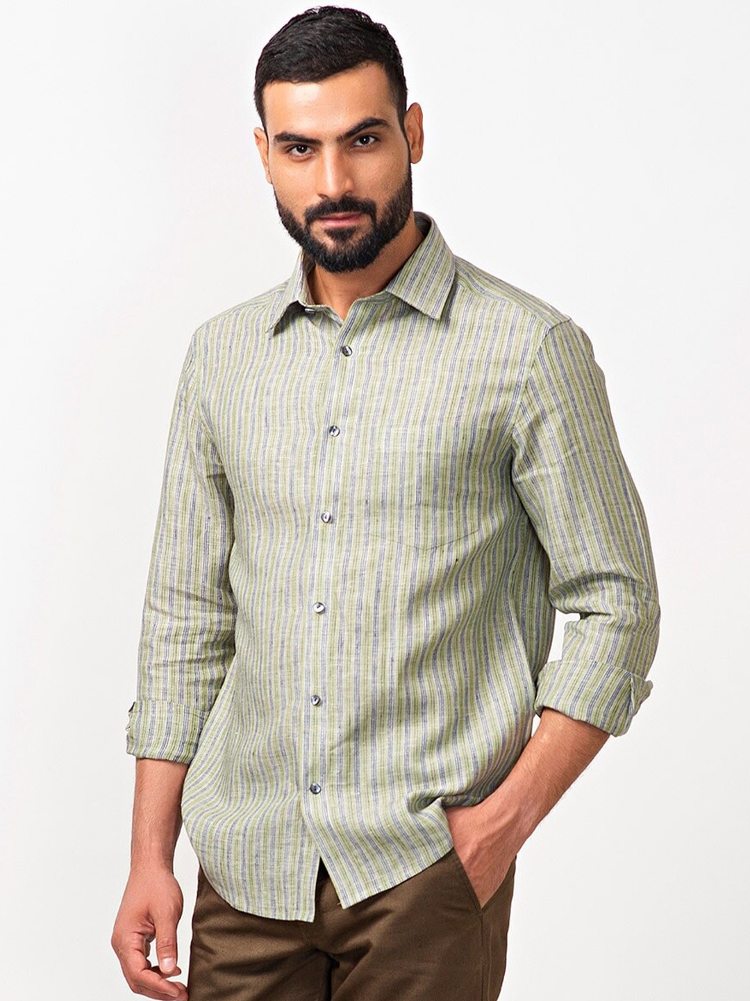 

Fabindia Men Slim Fit Striped Linen Casual Shirt, Green