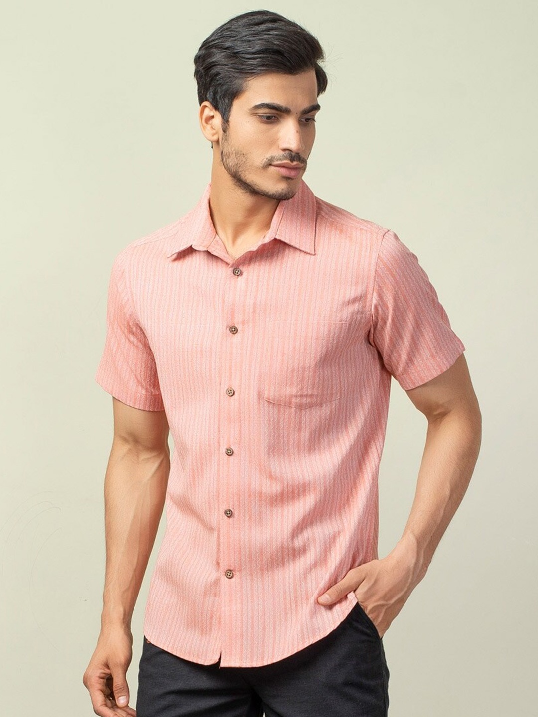 

Fabindia Men Slim Fit Striped Cotton Casual Shirt, Red