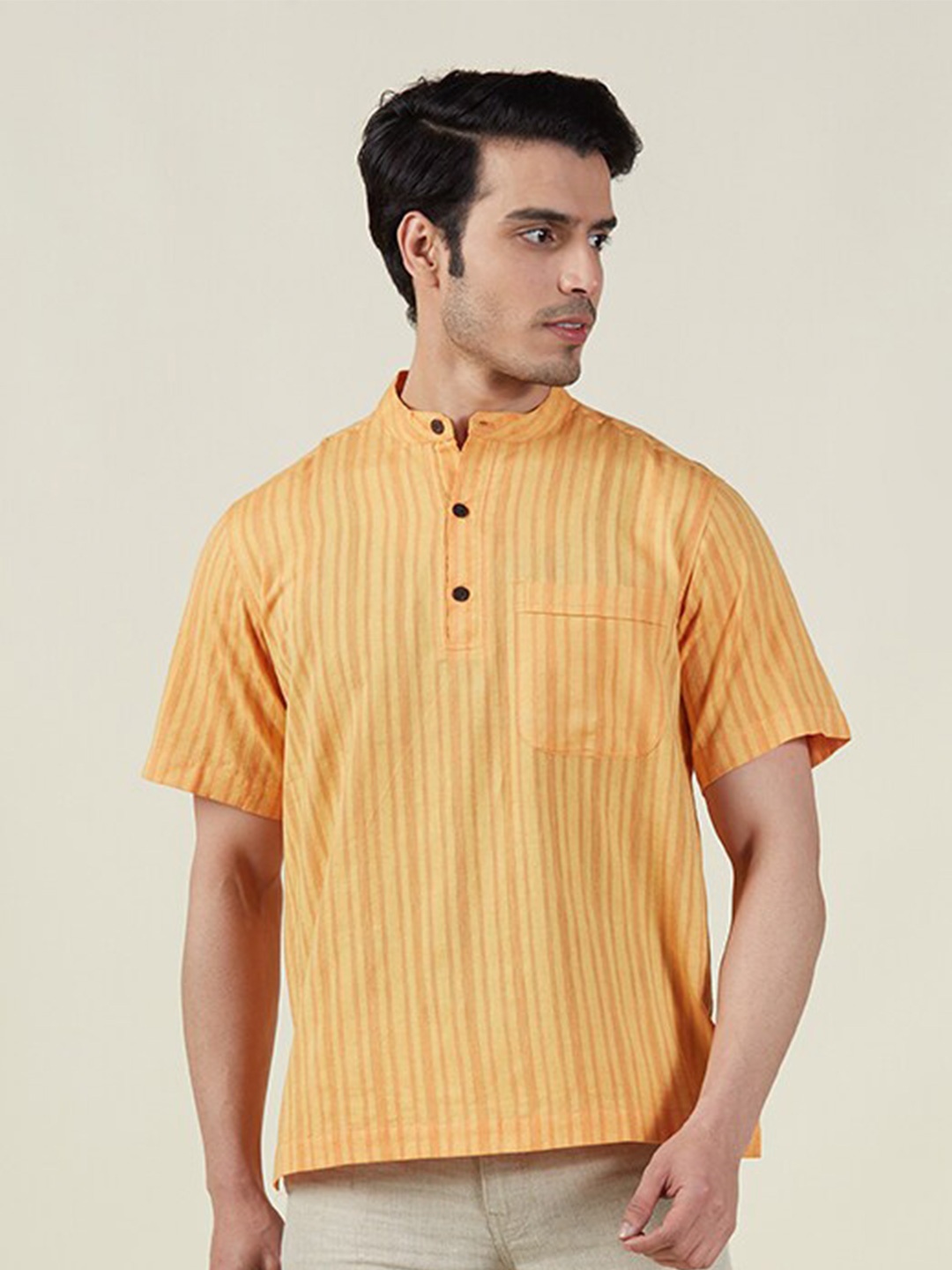 

Fabindia Men Comfort Fit Striped Cotton Casual Shirt, Mustard