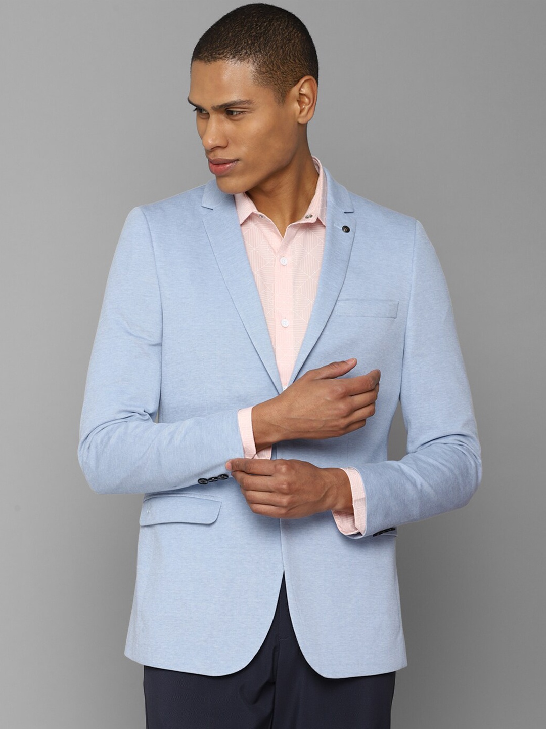 

Allen Solly Men Single-Breasted Pure Cotton Slim-Fit Formal Blazer, Blue