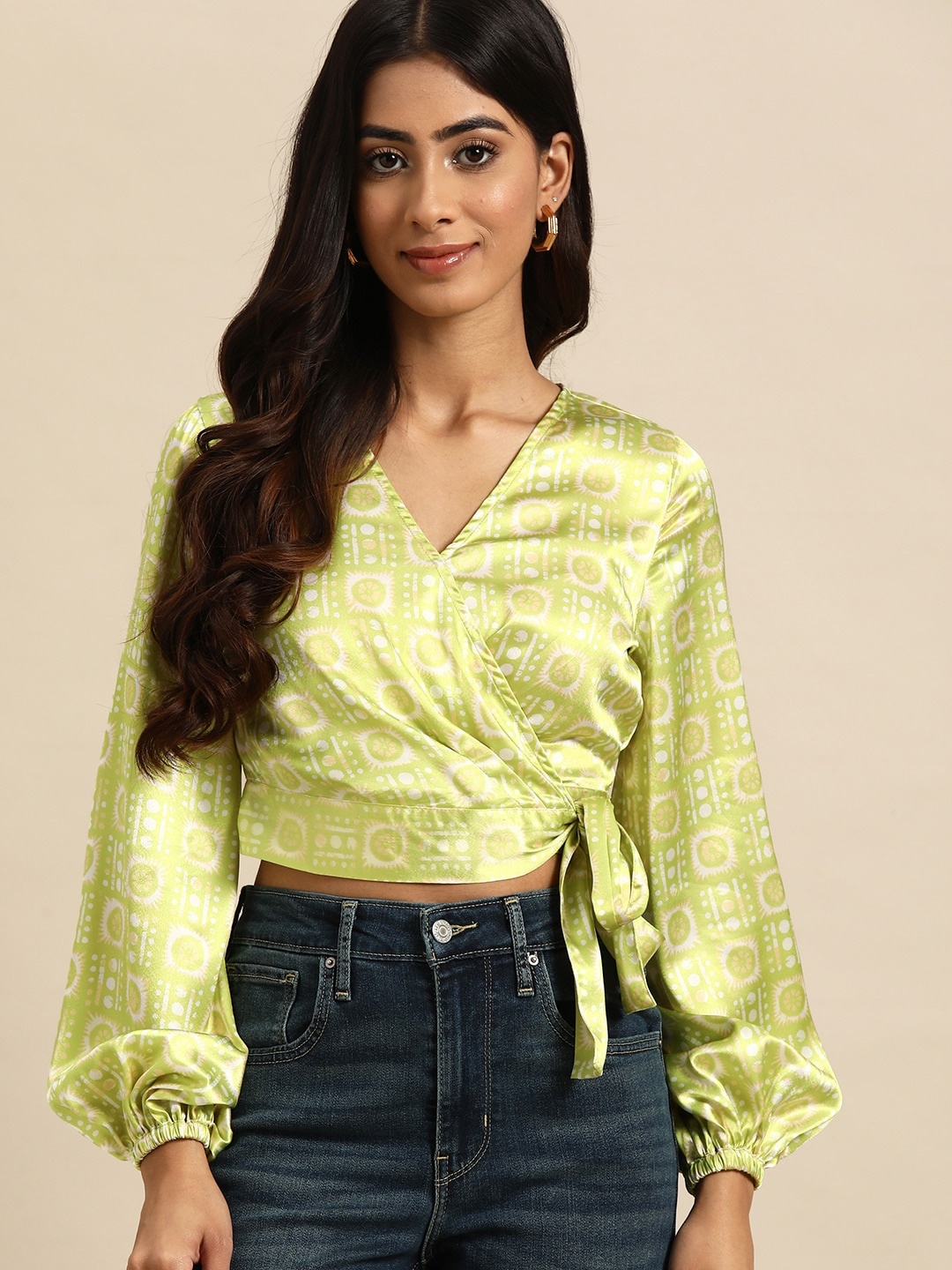 

all about you Satin Finish Printed Puff Sleeves Wrap Crop Top, Lime green