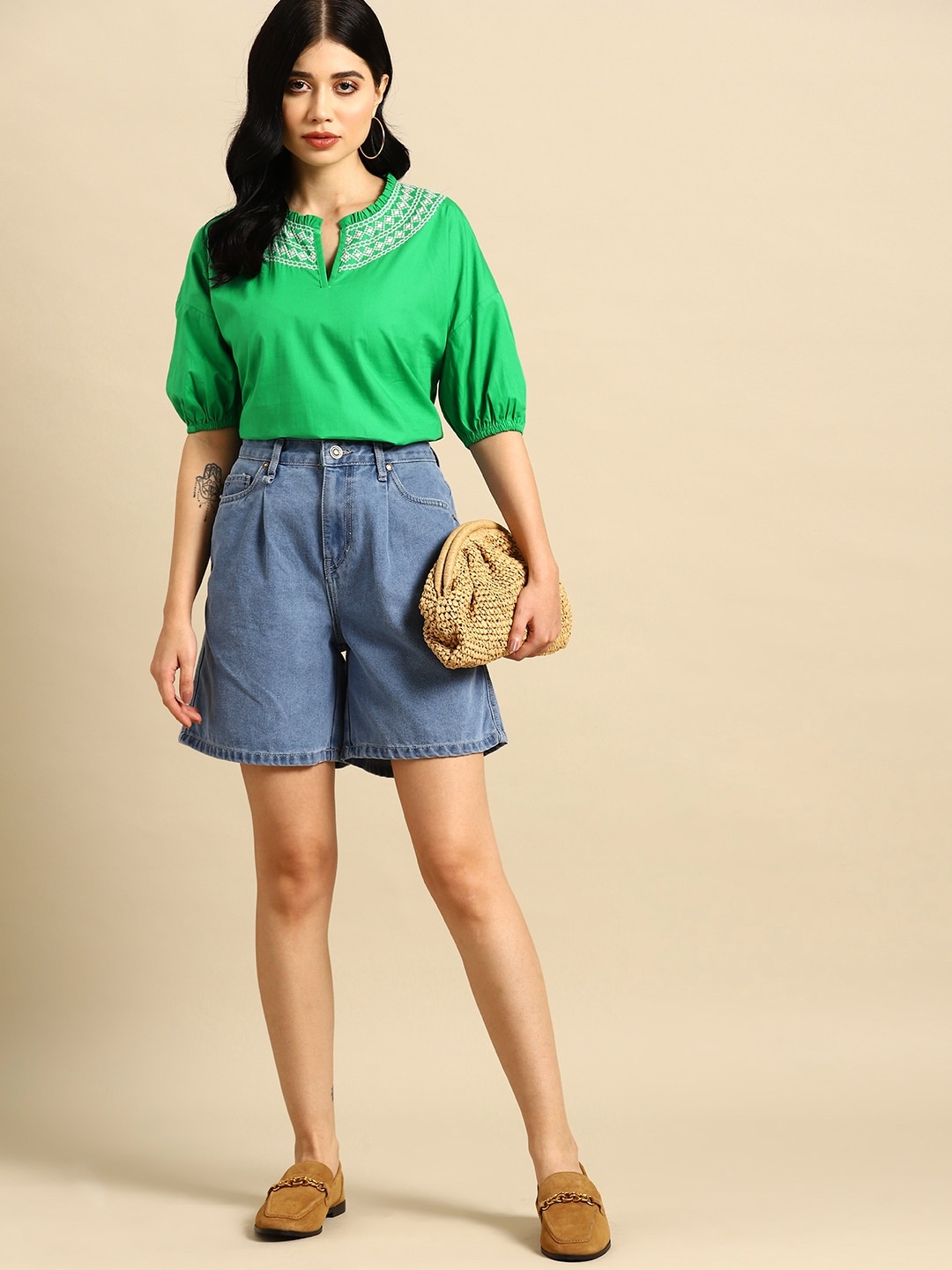 

all about you Embroidered Detail Frilled Mandarin Collar Puff Sleeve Pure Cotton Top, Green