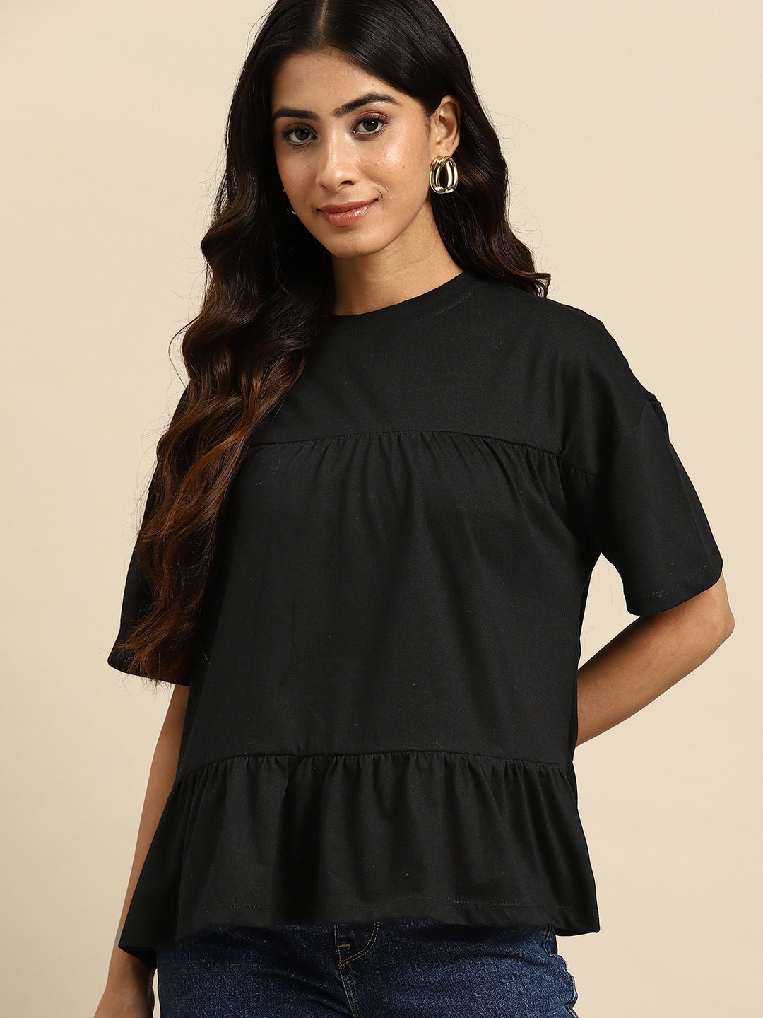 

all about you Drop-Shoulder Sleeves Tiered Top, Black
