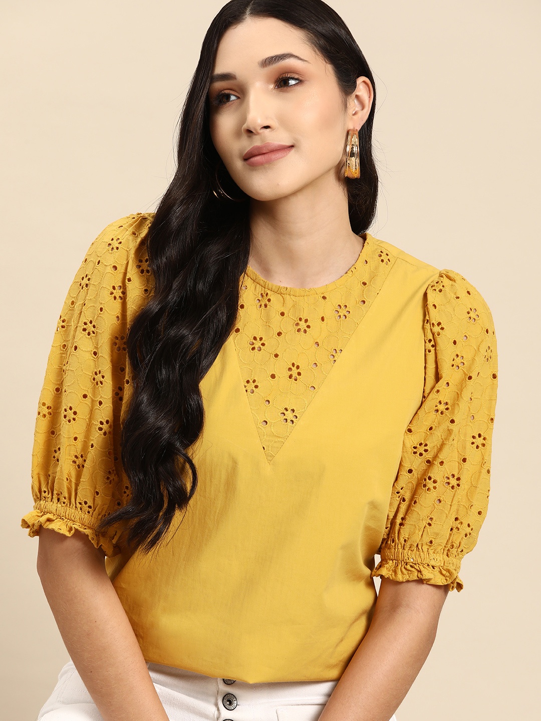 

all about you Cotton Puff Sleeve Schiffli Top, Yellow
