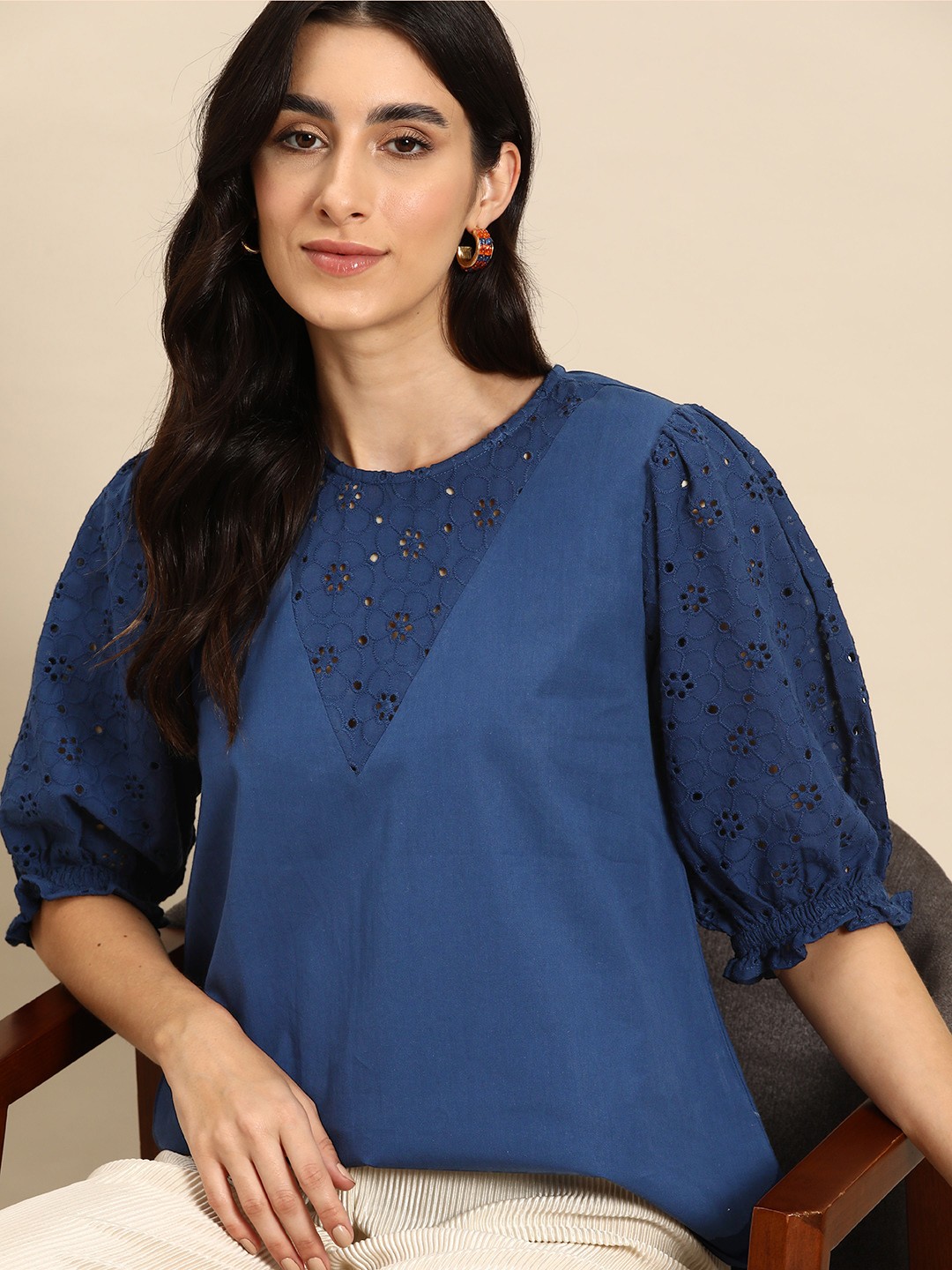 

all about you Cotton Puff Sleeve Schiffli Top, Navy blue