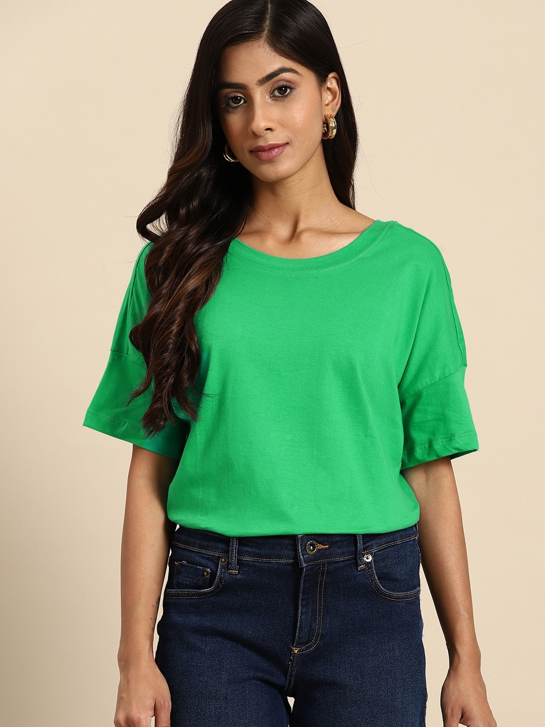 

all about you Women Pure Cotton Drop-Shoulder Sleeves Top with Cut-Out Back, Green