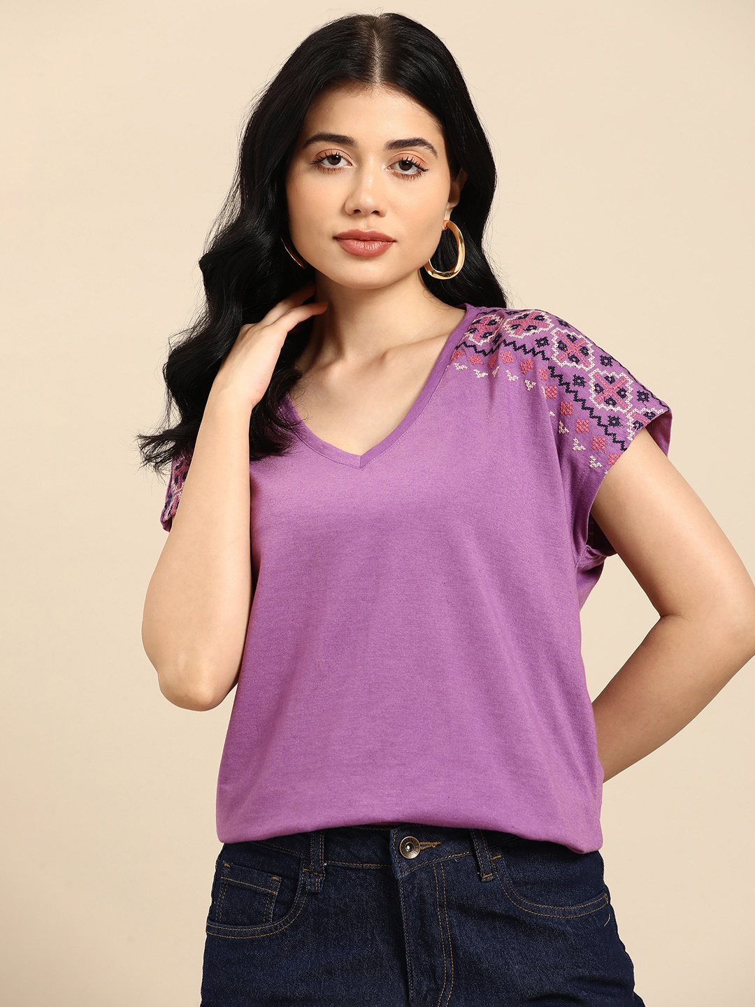 

all about you V-Neck Extended Sleeves T-shirt, Purple
