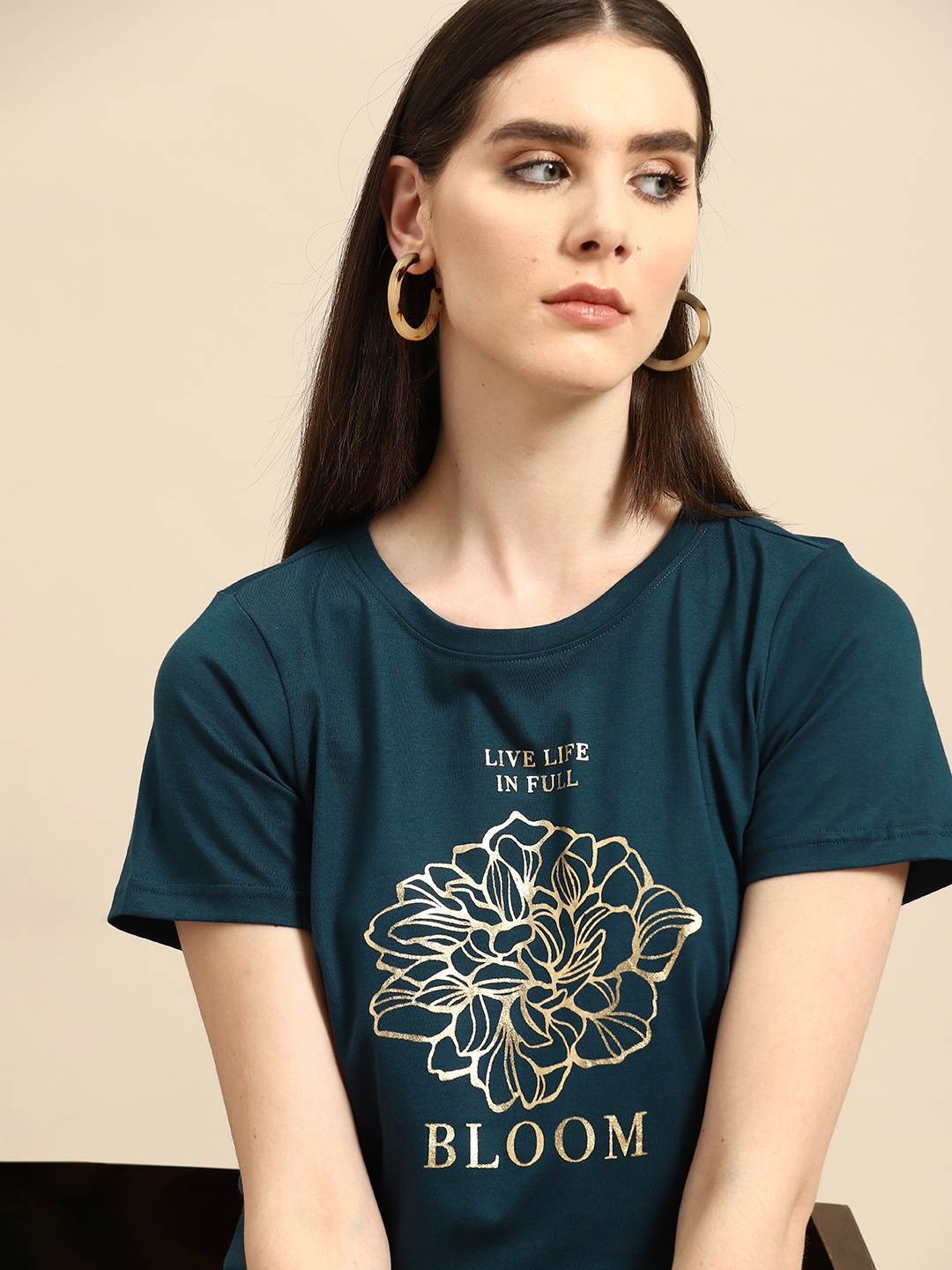 

all about you Women Floral Printed Pure Cotton T-shirt, Teal