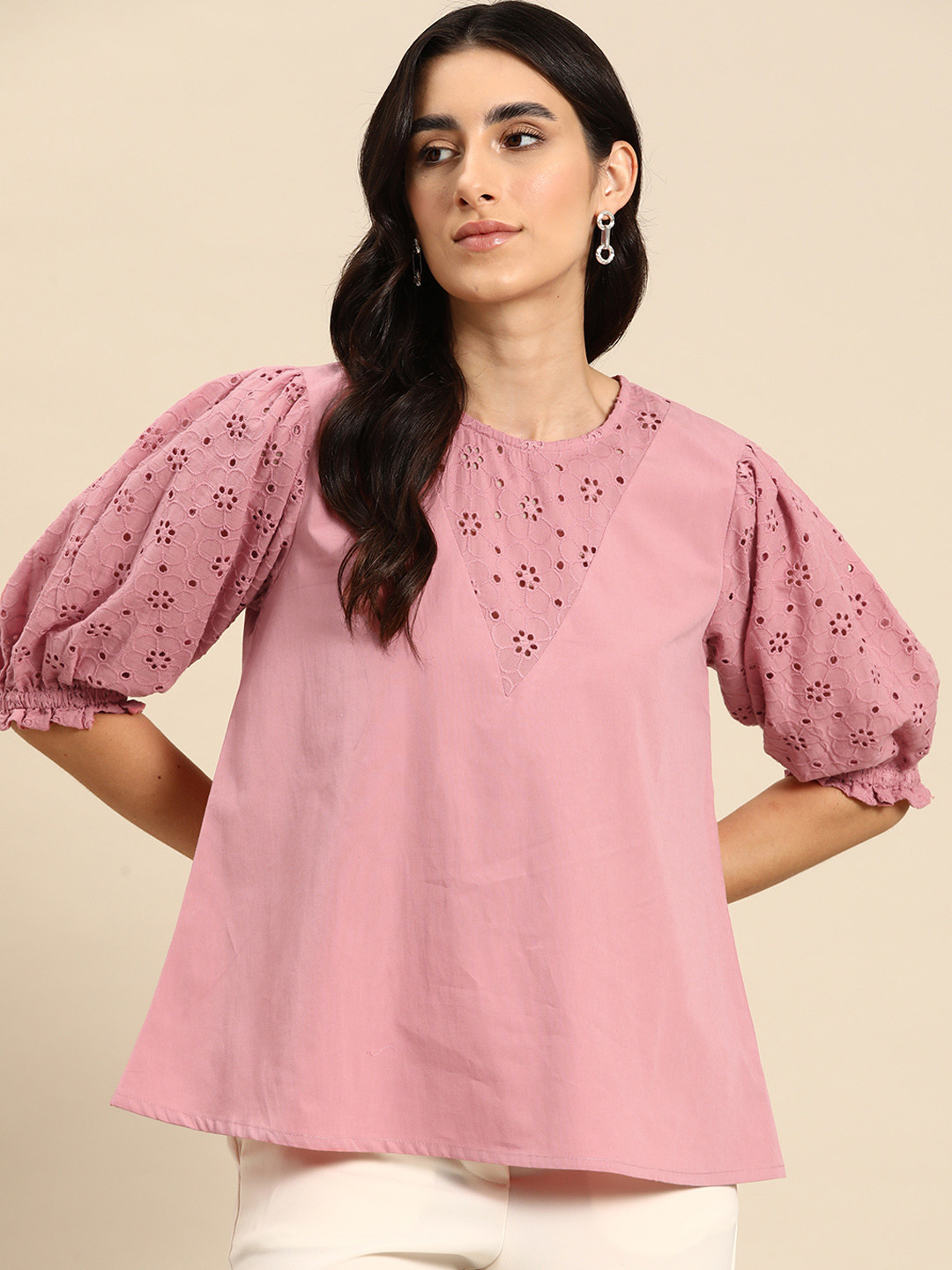 

all about you Cotton Puff Sleeve Schiffli Top, Pink