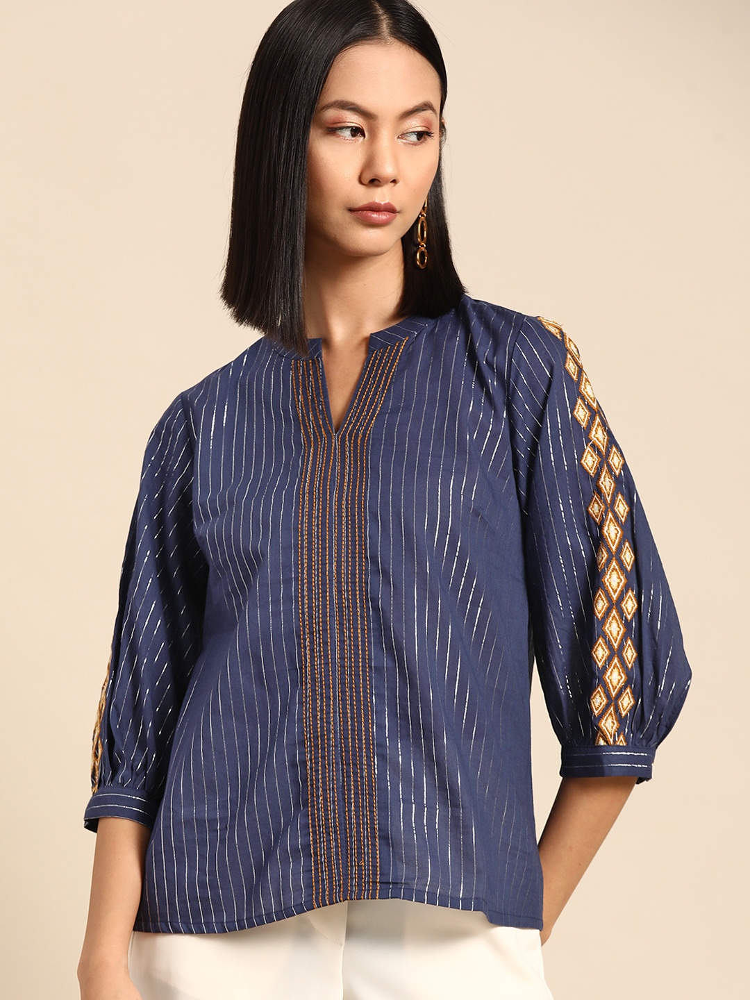 

all about you Striped Embroidered Detail Top, Blue