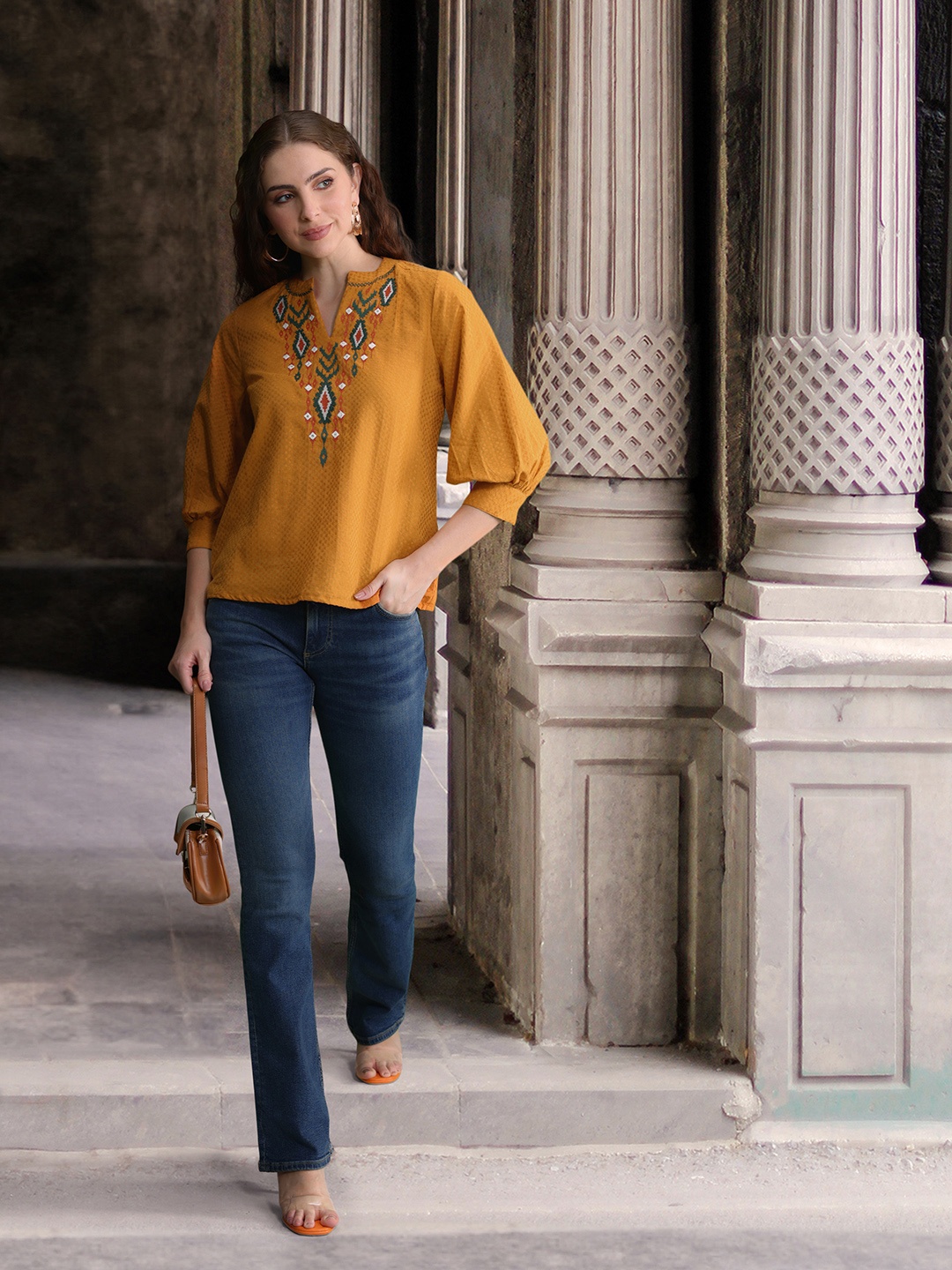 

all about you Embroidered Ethnic Cotton Top, Mustard