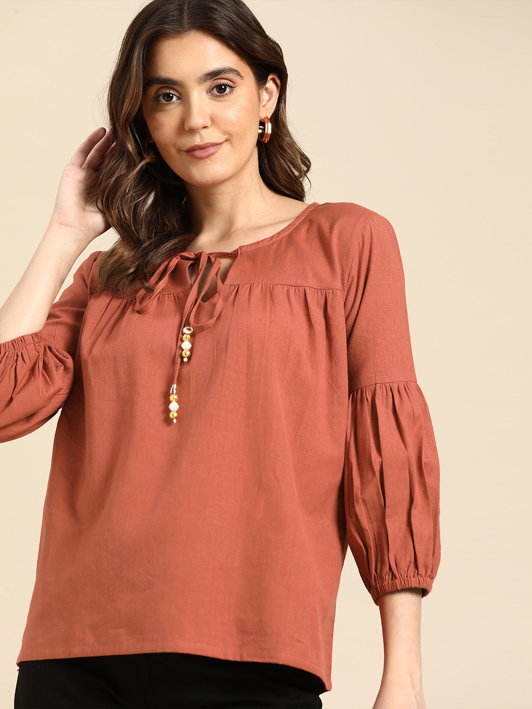 

all about you Tie-Up Neck Puff Sleeve Cotton Top, Rust