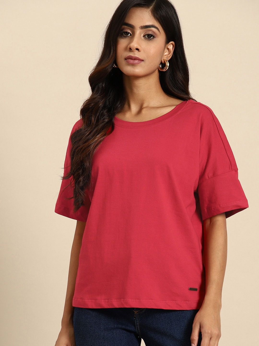 

all about you Women Pure Cotton Drop-Shoulder Sleeves Top with Cut-Out Back, Pink