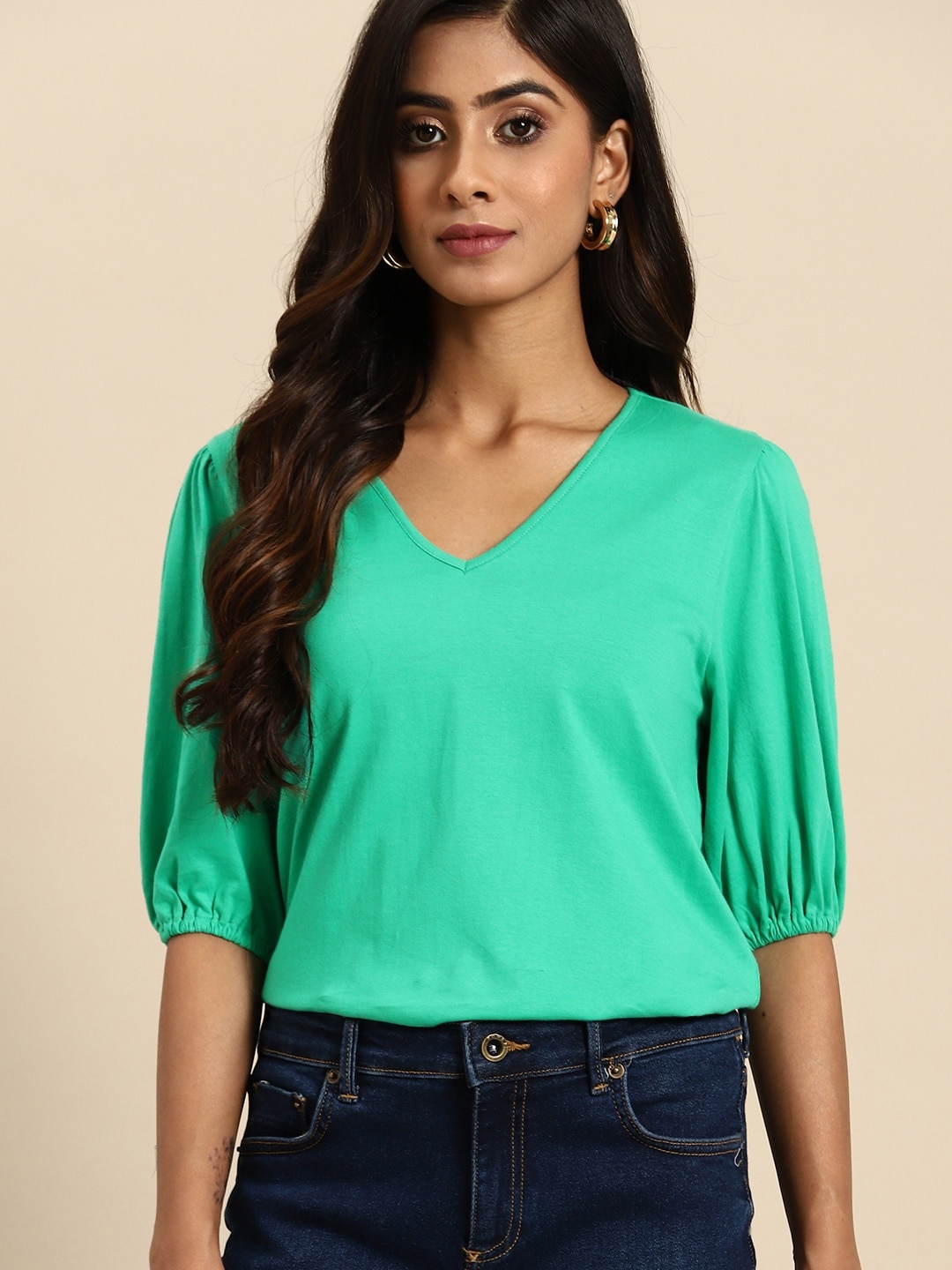 

all about you Pure Cotton V-Neck Puff Sleeve Top, Green