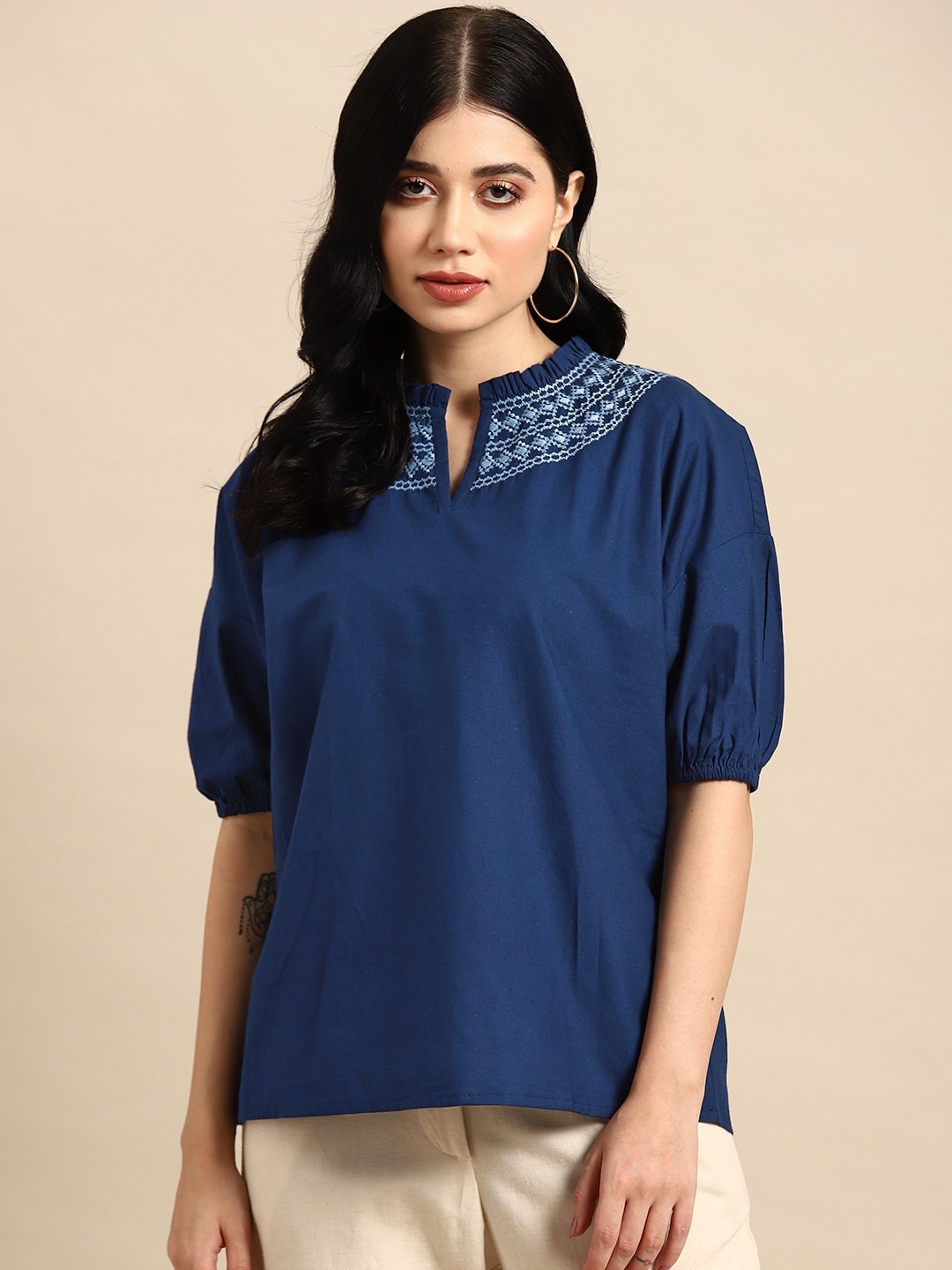 

all about you Pure Cotton Embroidered Puff Sleeves Top, Navy blue