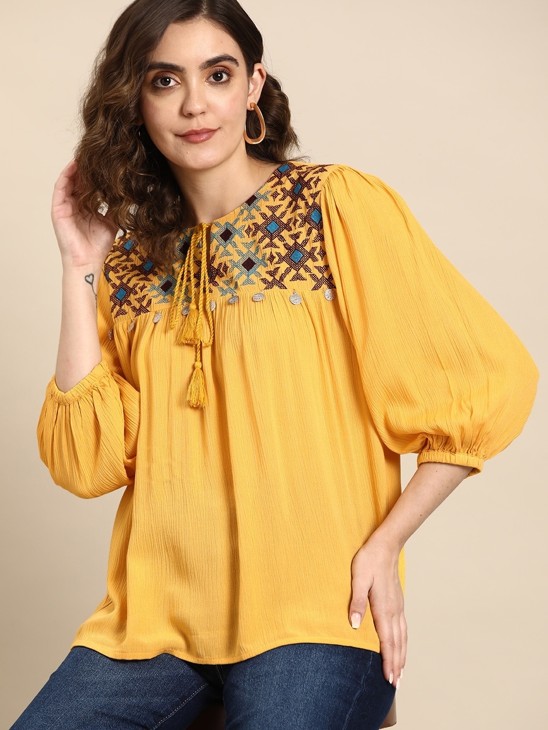 

all about you Embroidered Tie-Up Neck Puff Sleeves Top, Mustard