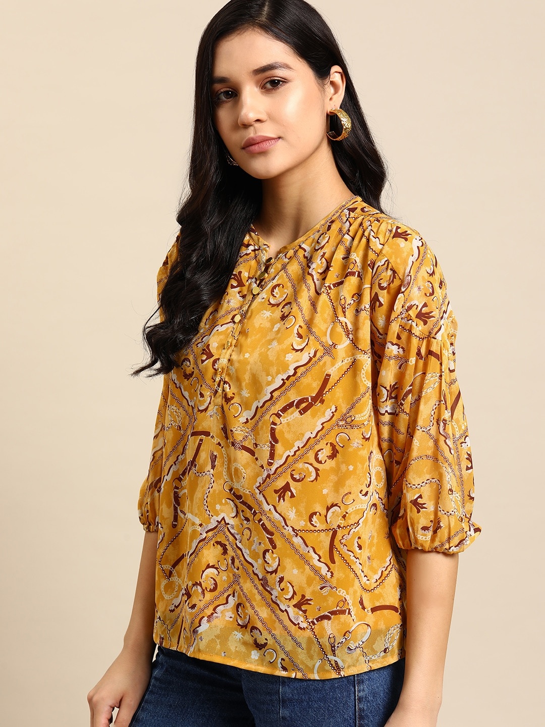 

all about you Printed Puff Sleeve Shirt Style Top, Mustard