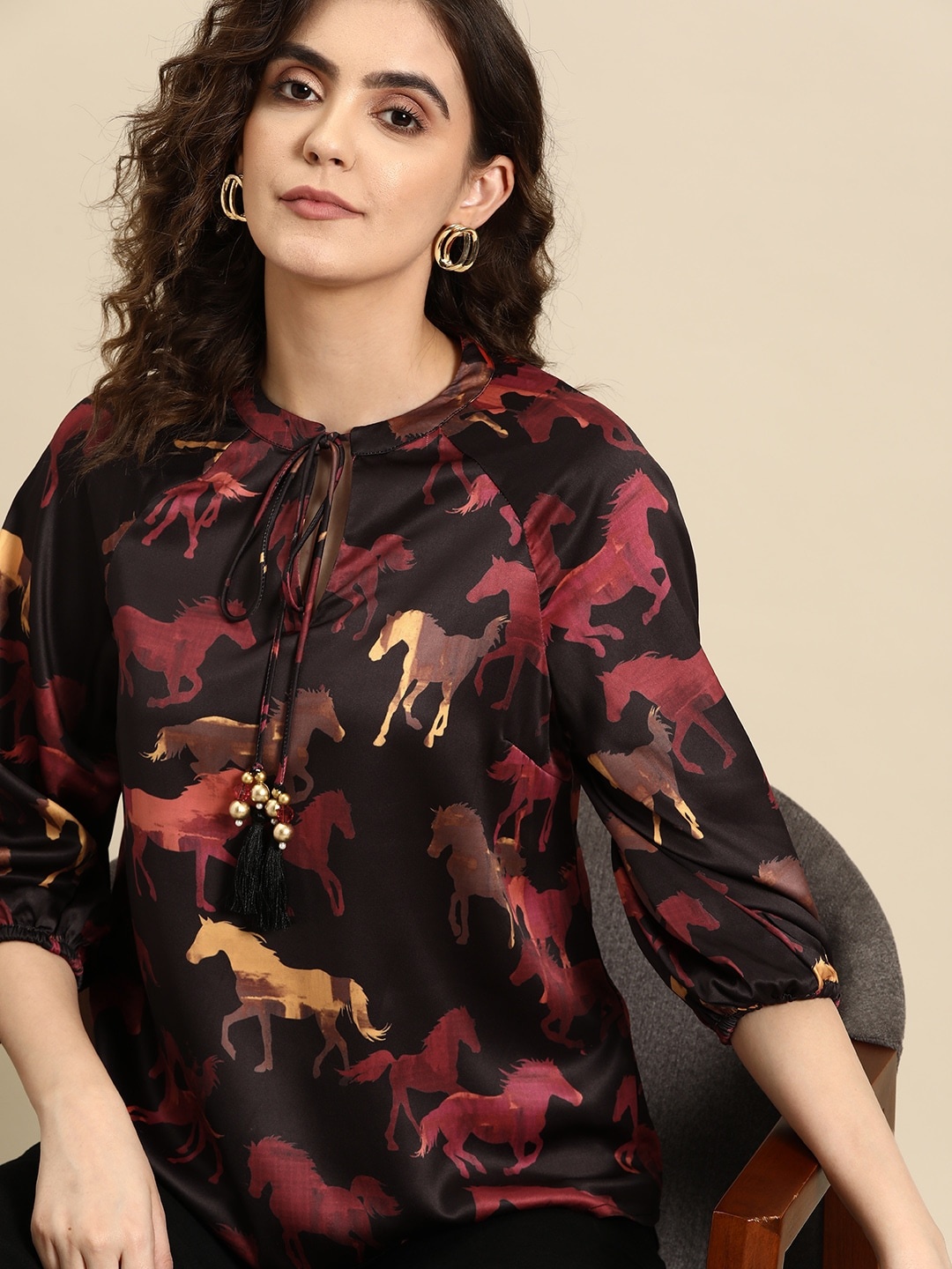 

all about you Printed Tie-Up Neck Satin-Finish Top, Black