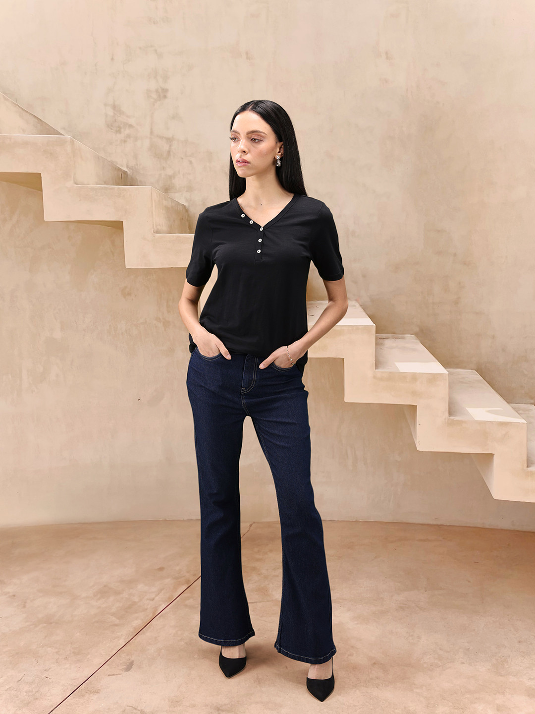 

all about you Women Pure Cotton V-Neck T-shirt, Black