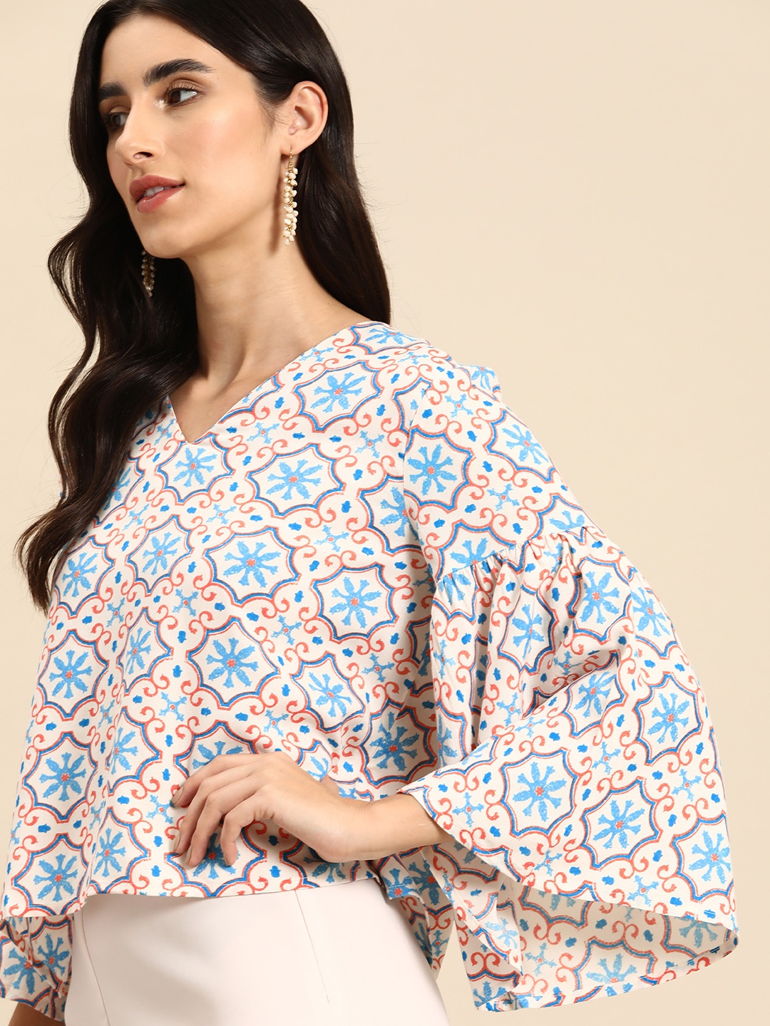 

Routes by All About You Ethnic Print Bell Sleeve Top, Blue