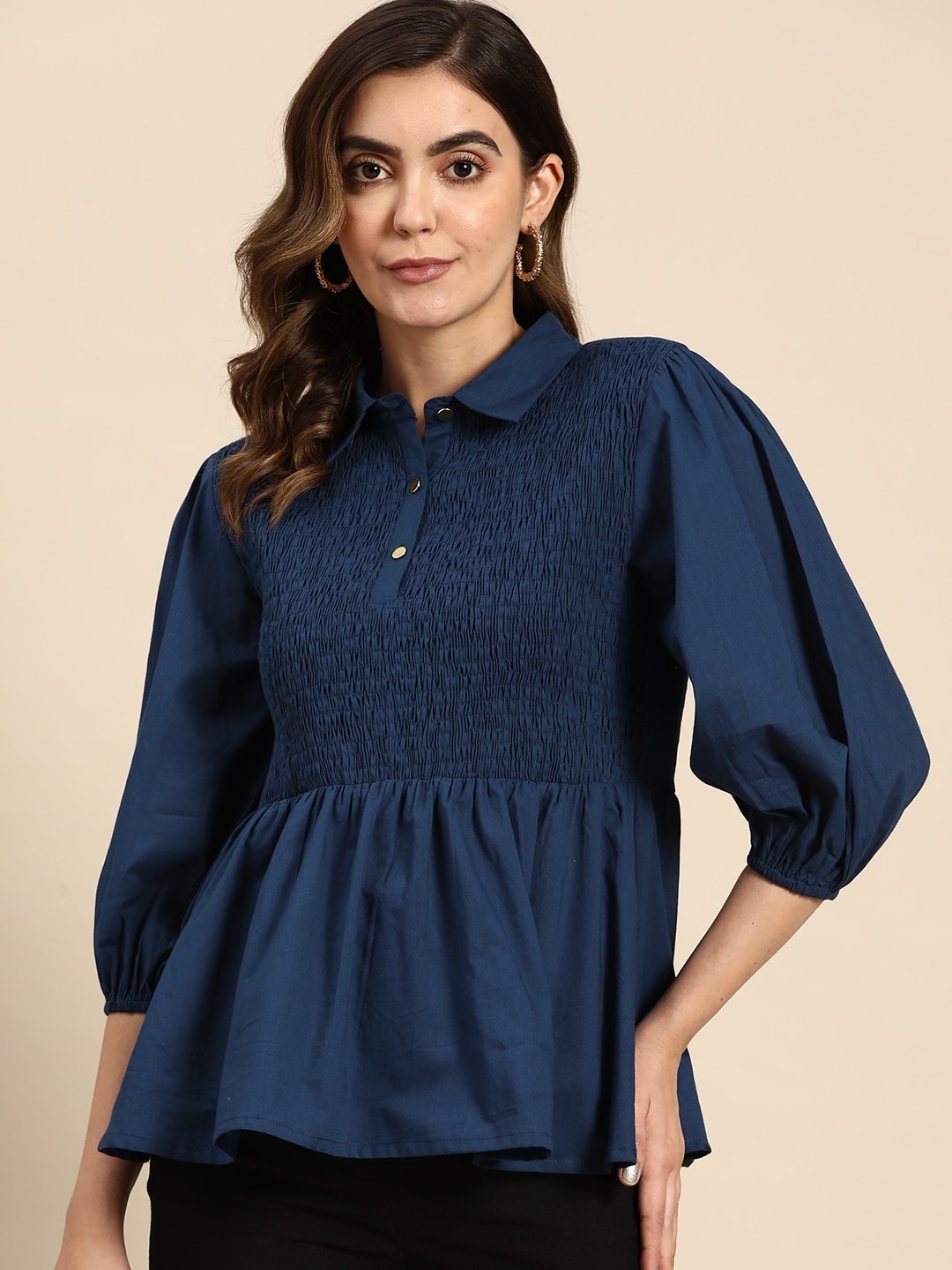 

all about you Smocked Cotton Shirt Style Top, Navy blue