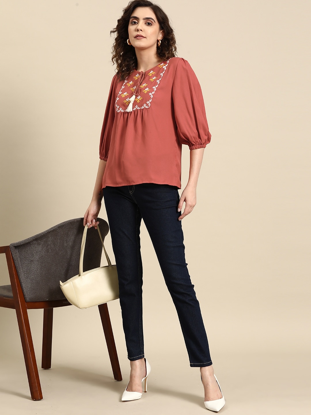 

all about you Embroidered Tie-Up Neck Puff Sleeves Top, Rust