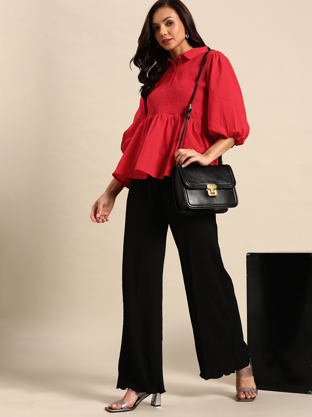 

all about you Smocked Pure Cotton Peplum Top, Red