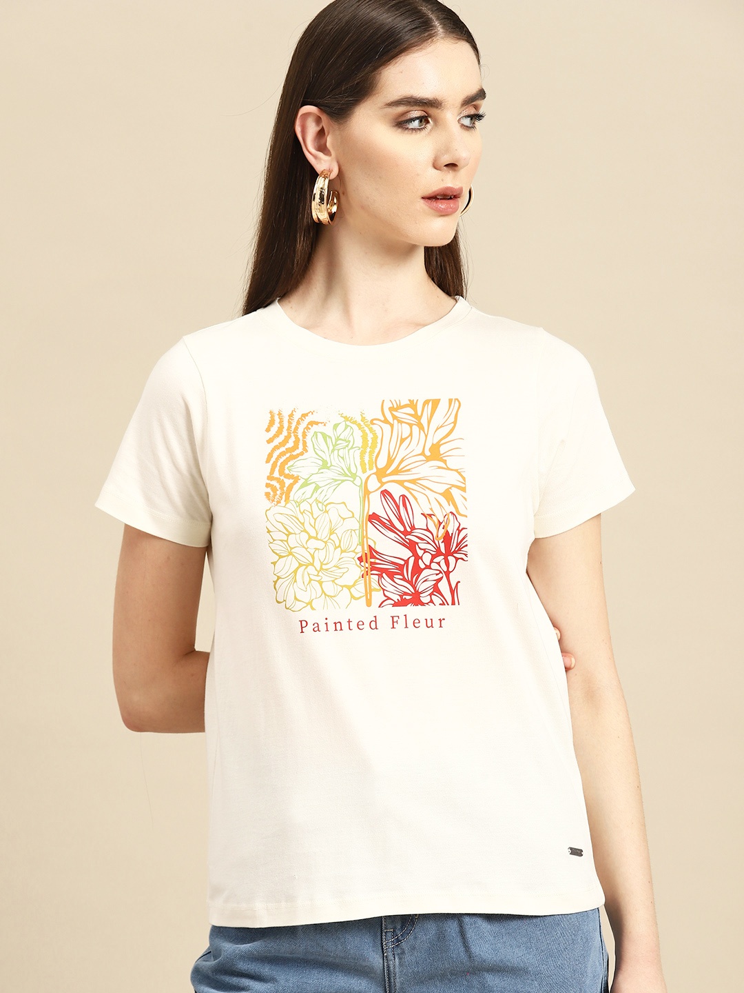 

all about you Floral Printed Pure Cotton T-shirt, Cream