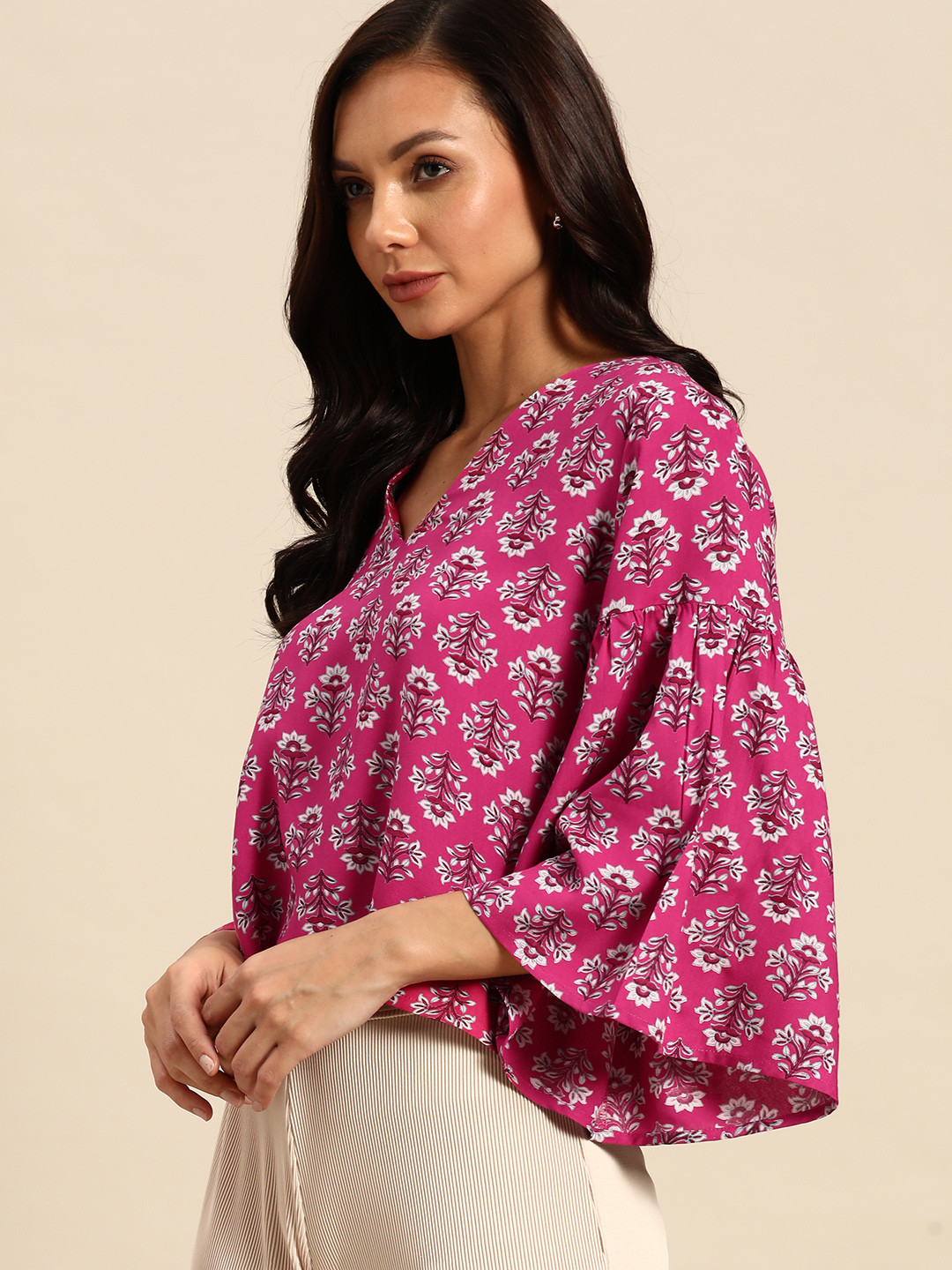 

all about you Ethnic Motifs Print Flared Sleeves Fusion Top, Pink