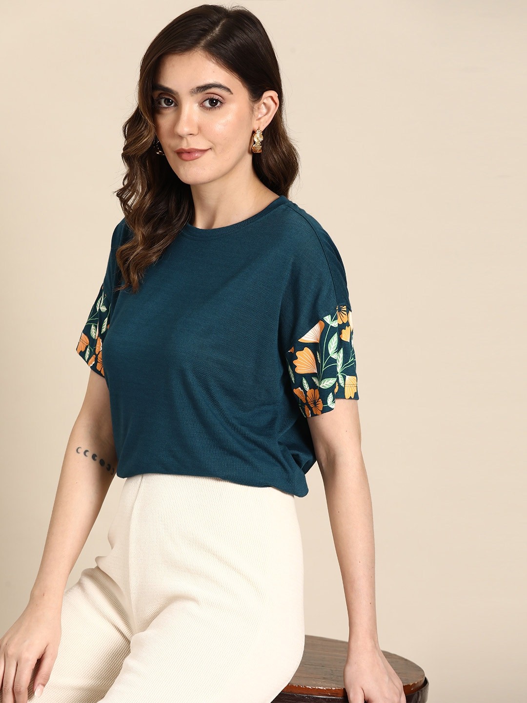 

all about you Drop-Shoulder Sleeves T-shirt, Teal