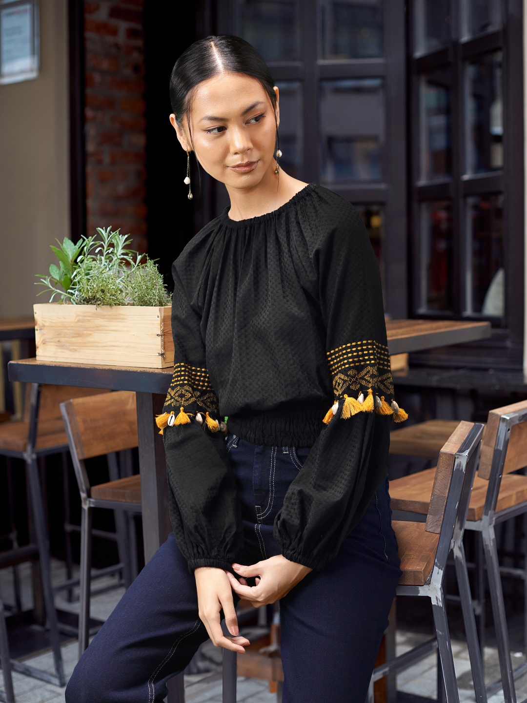 

Routes by All About You Dobby Weave Cotton Blouson Top, Black
