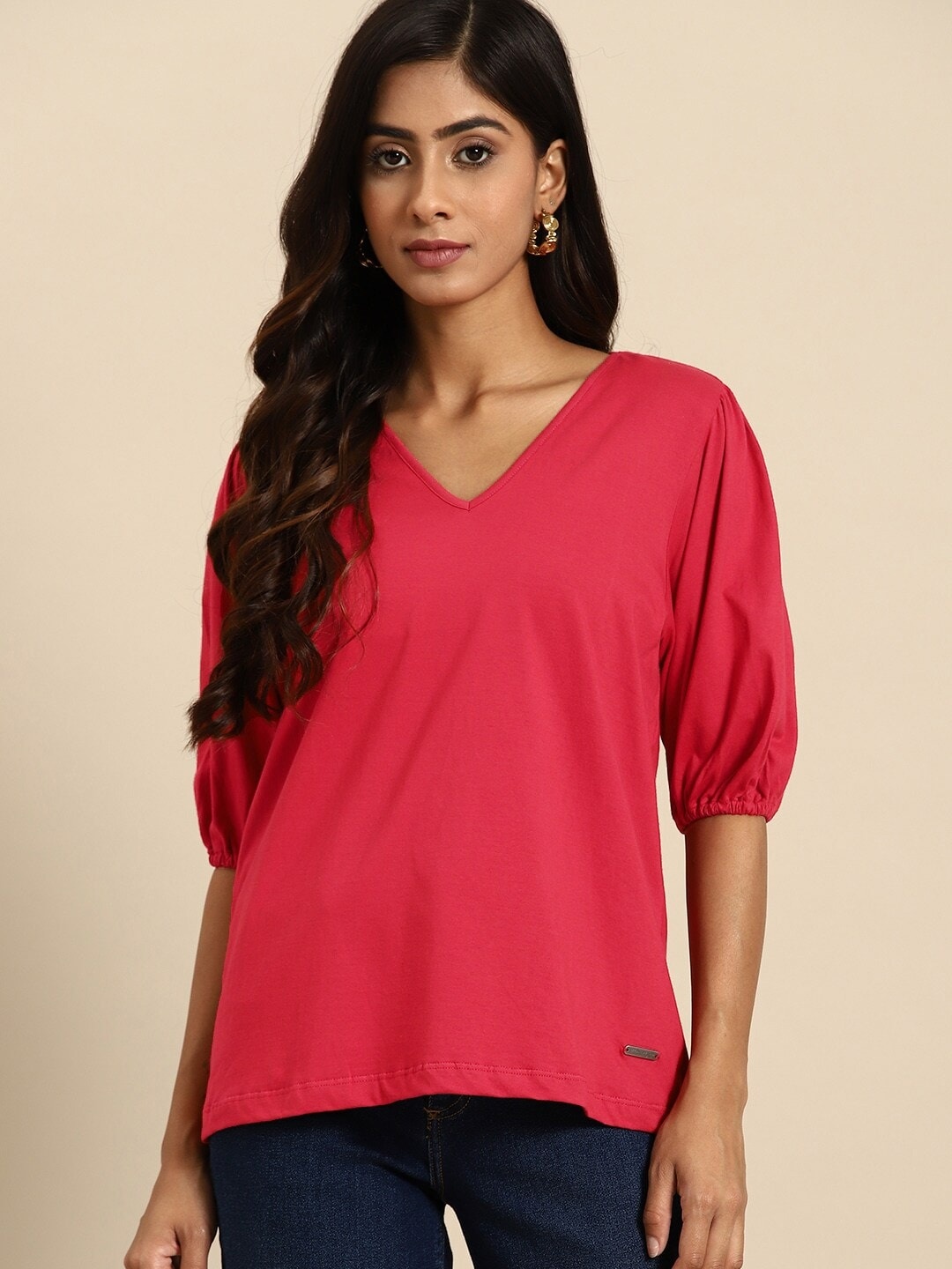 

all about you Pure Cotton V-Neck Puff Sleeve Top, Pink