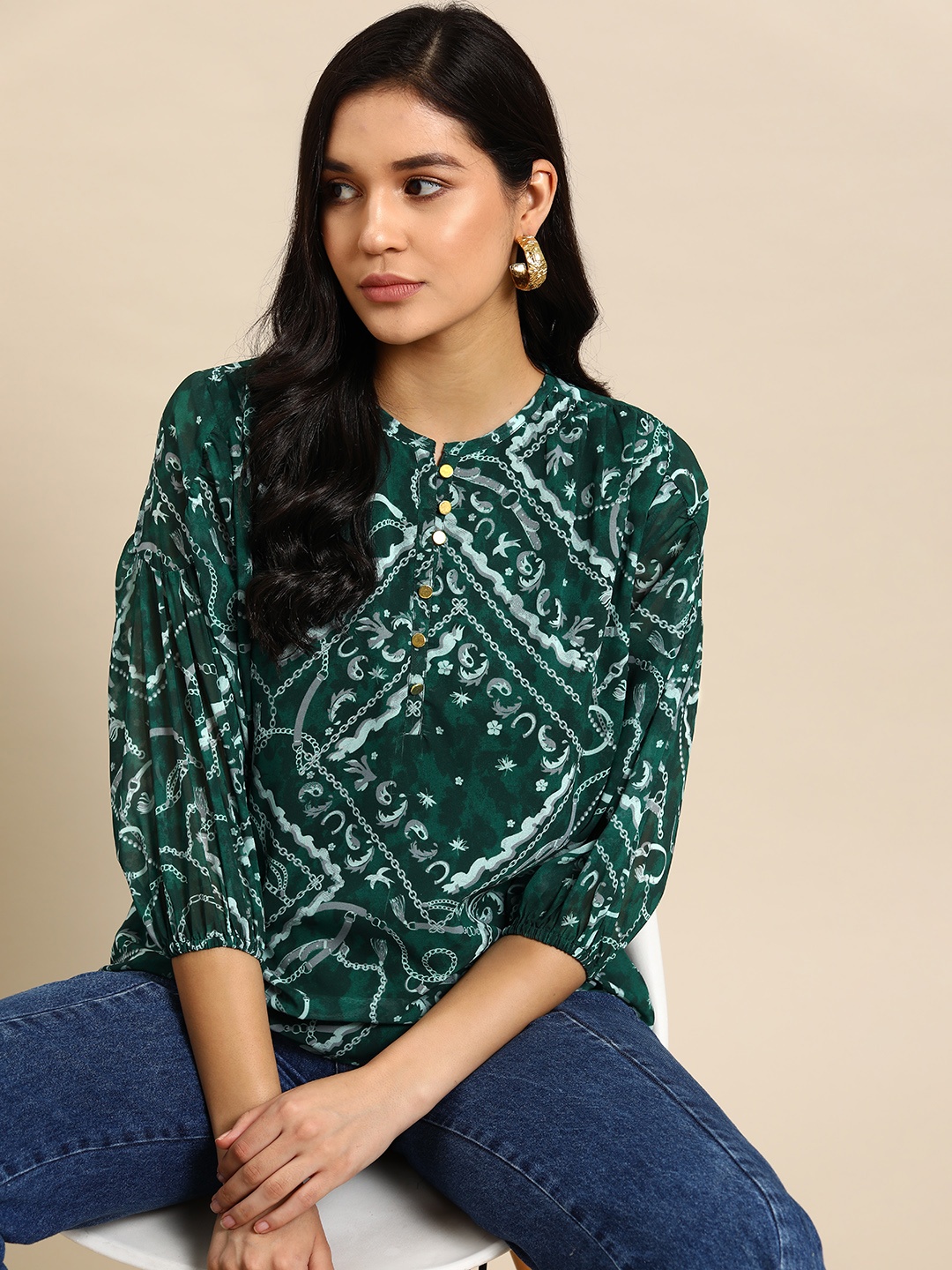 

all about you Printed Puff Sleeve Shirt Style Top, Green