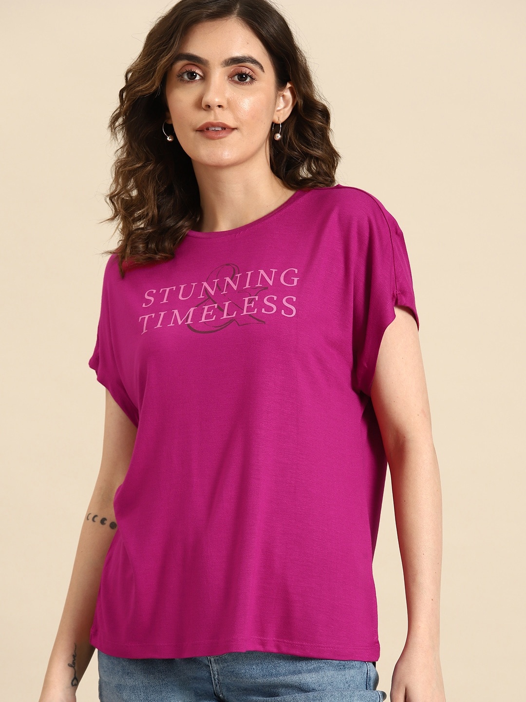 

all about you Typography Printed Extended Sleeves T-shirt, Magenta