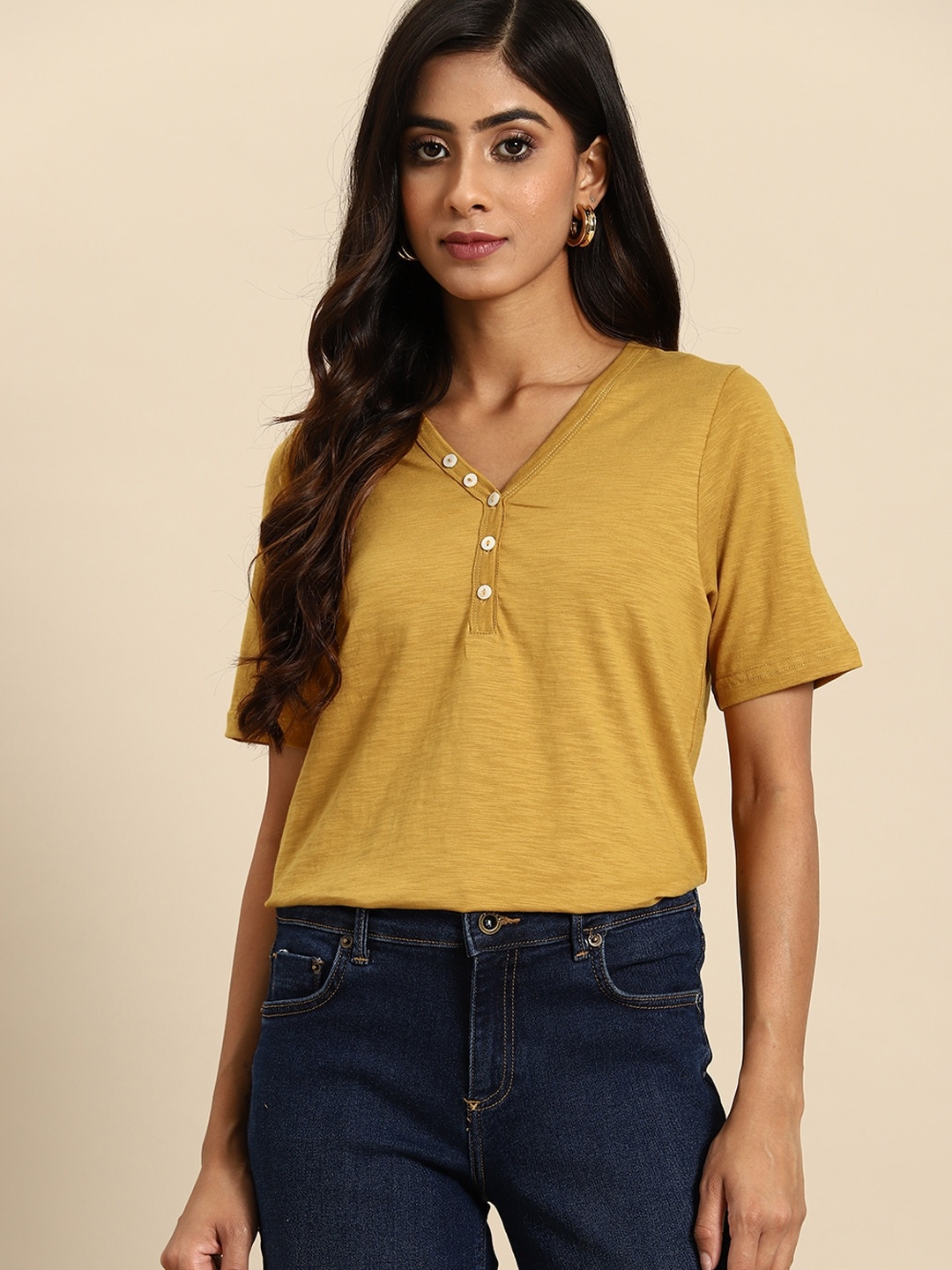 

all about you Women Pure Cotton V-Neck T-shirt, Mustard