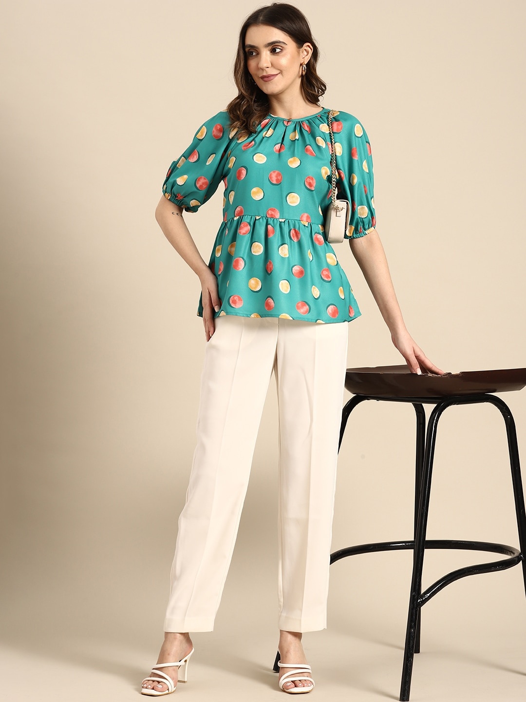 

all about you Geometric Print Puff Sleeve Top, Green