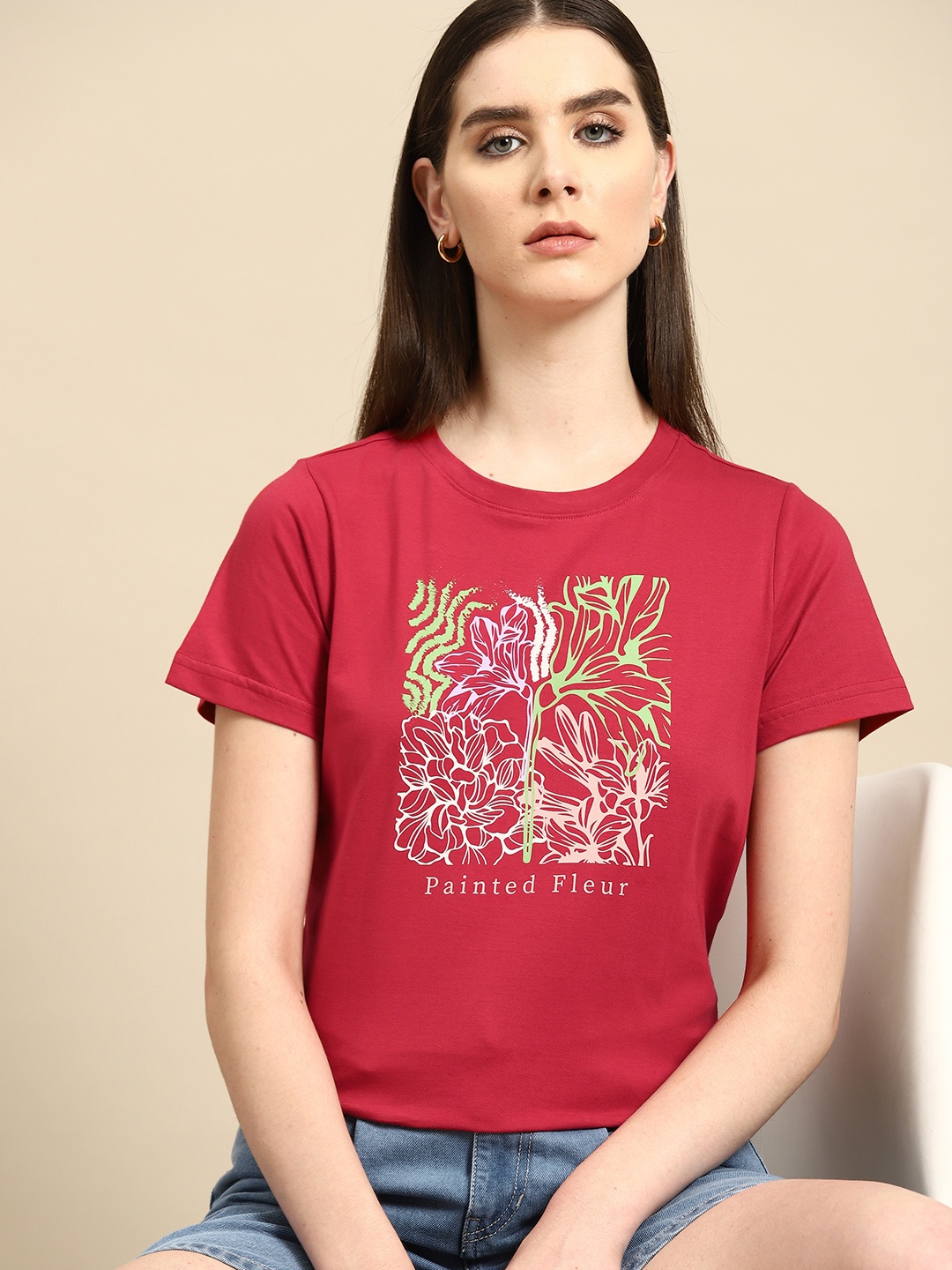 

all about you Floral Printed Pure Cotton T-shirt, Red
