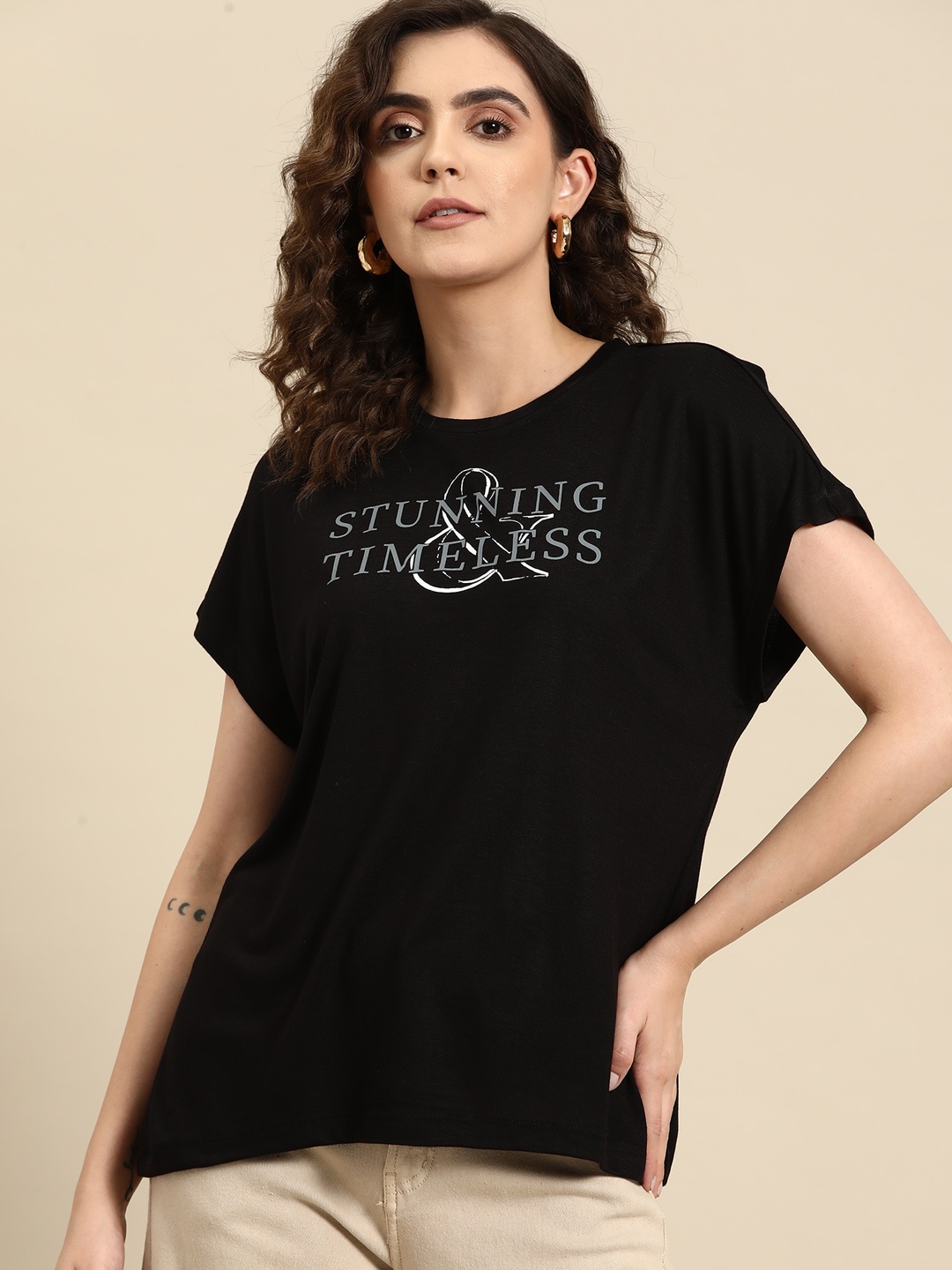 

all about you Typography Print Extended Sleeves T-shirt, Black