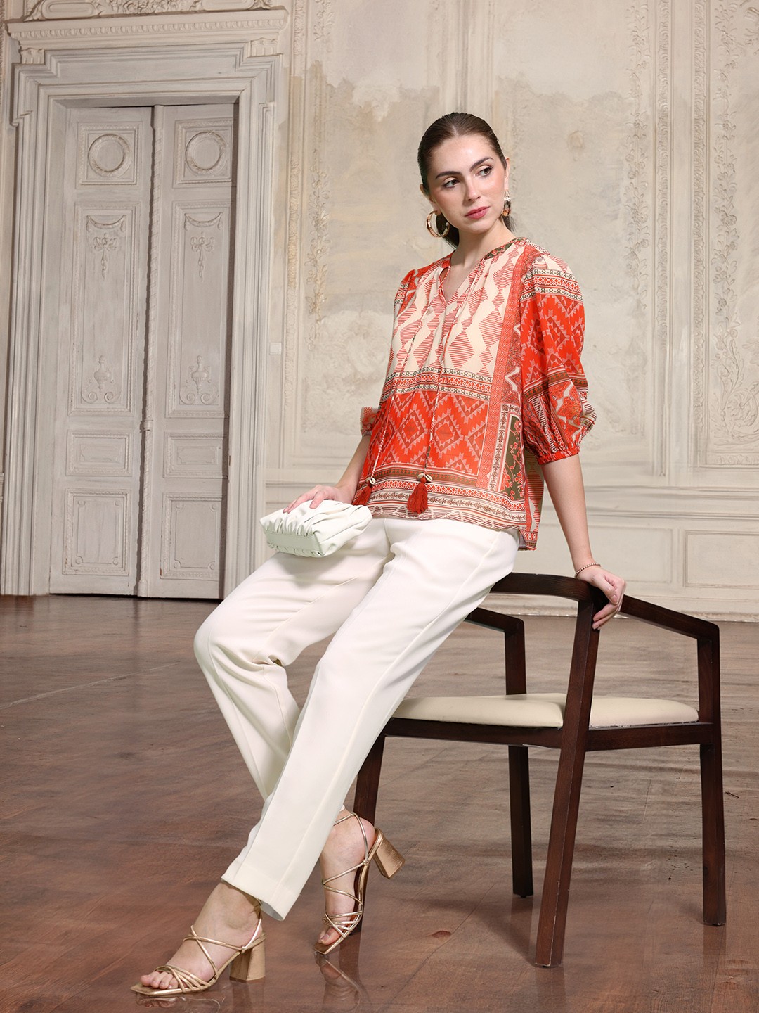 

all about you Geometric Printed Tie-Up Neck Puff Sleeves Top, Orange