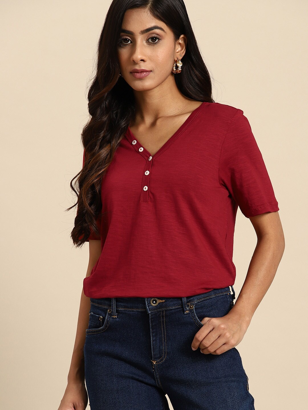 

all about you Women Pure Cotton V-Neck T-shirt, Red