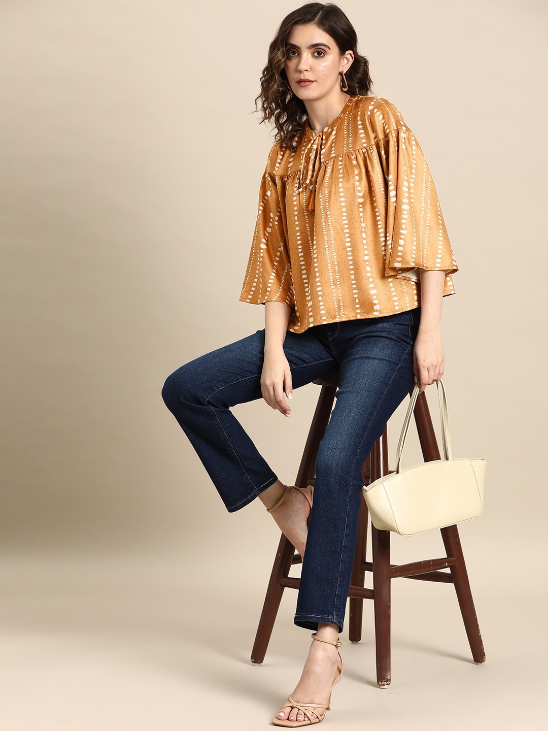 

Routes by All About You Printed Tie-Up Neck Flared Sleeves Top, Rust