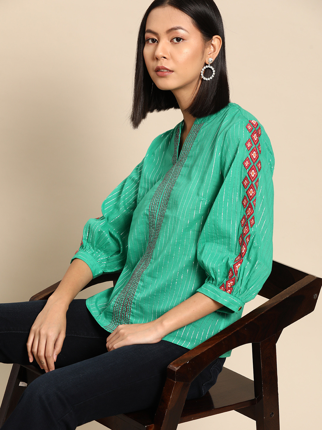 

all about you Striped Embroidered Detail Top, Green