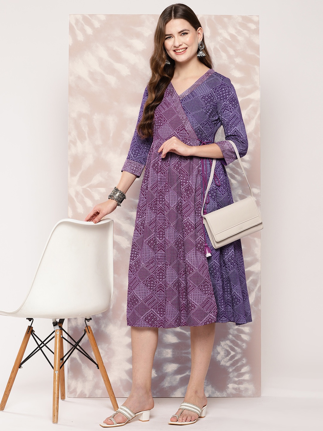 

all about you Ethnic Motifs Print A-Line Midi Dress, Purple