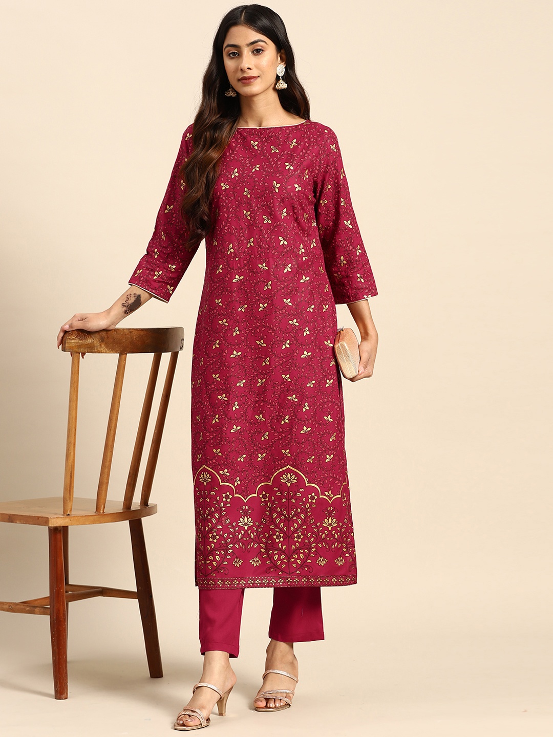 

all about you Ethnic Motifs Printed Regular Kurta with Trousers, Magenta
