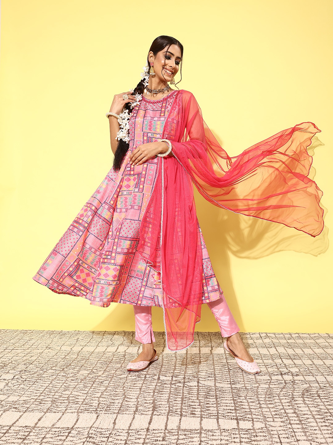 

all about you Women Printed Mirror Work Kurta with Trousers & Dupatta, Pink