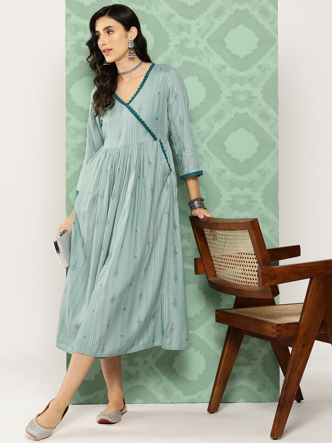

all about you Striped Gathered Waist Wrap Midi Dress with Pockets, Blue