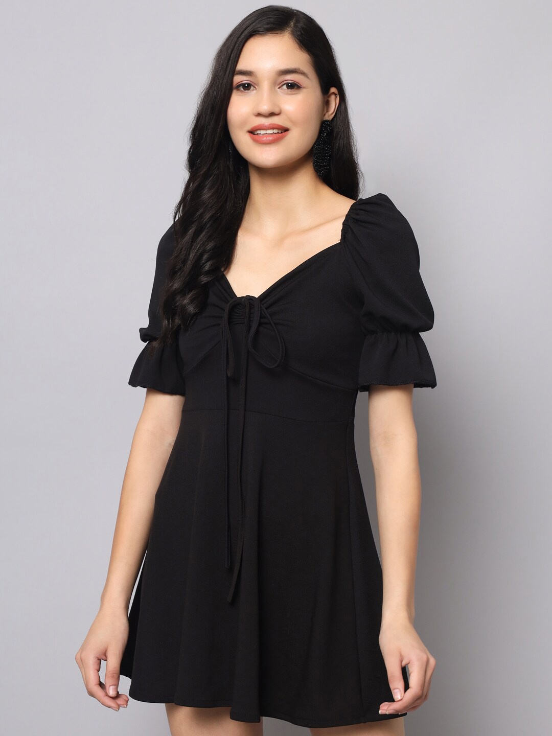 

AAHWAN Tie-Up Neck A-Line Dress, Black