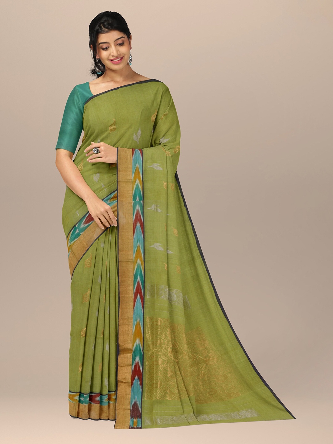 

APCO Floral Zari Pure Cotton Saree, Green